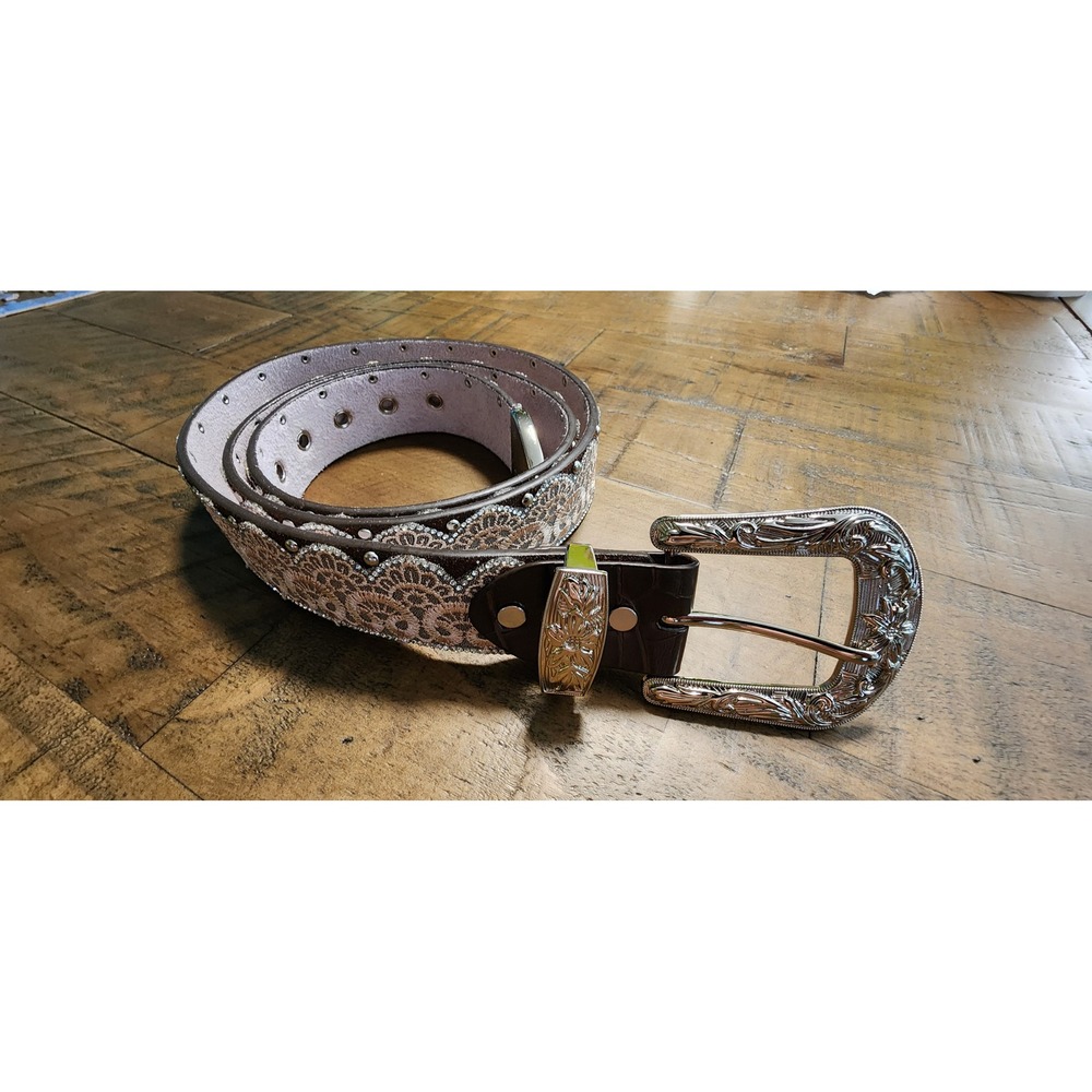 Angel Ranch Brown Leather Belt XXL Silver Floral Lace Rhinestone Western‎
